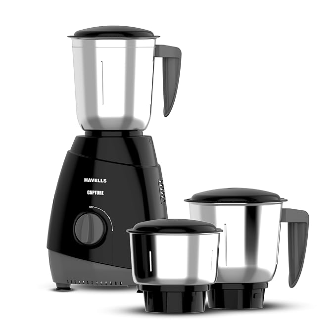 Havells Capture Mixer Grinder 500 Watt | 3 Jars | Rust-Resistant 304 SS Blades | Black
