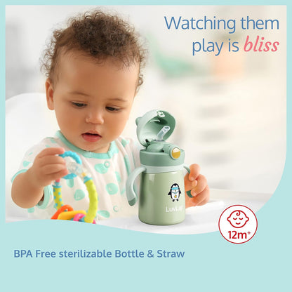 LuvLap Double Walled Stainless Steel Straw Sipper Bottle 300ml for Babies | Hot & Cold Insulated | BPA Free | One Touch Open | Green