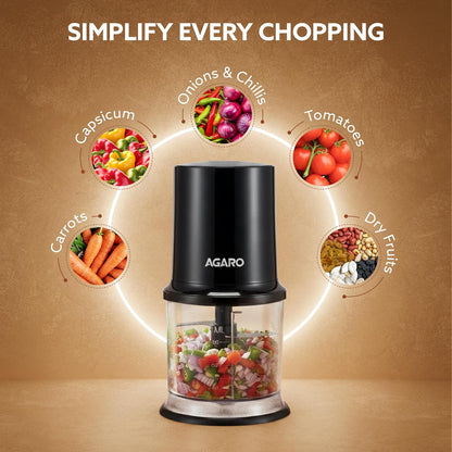 AGARO Electric Chopper 400W | 500ml Vegetable Cutter & Mini Chopper with Twin Stainless Steel Blades | FREE AGARO Royal Coffee Frother Worth ₹600 – Limited Time Offer!