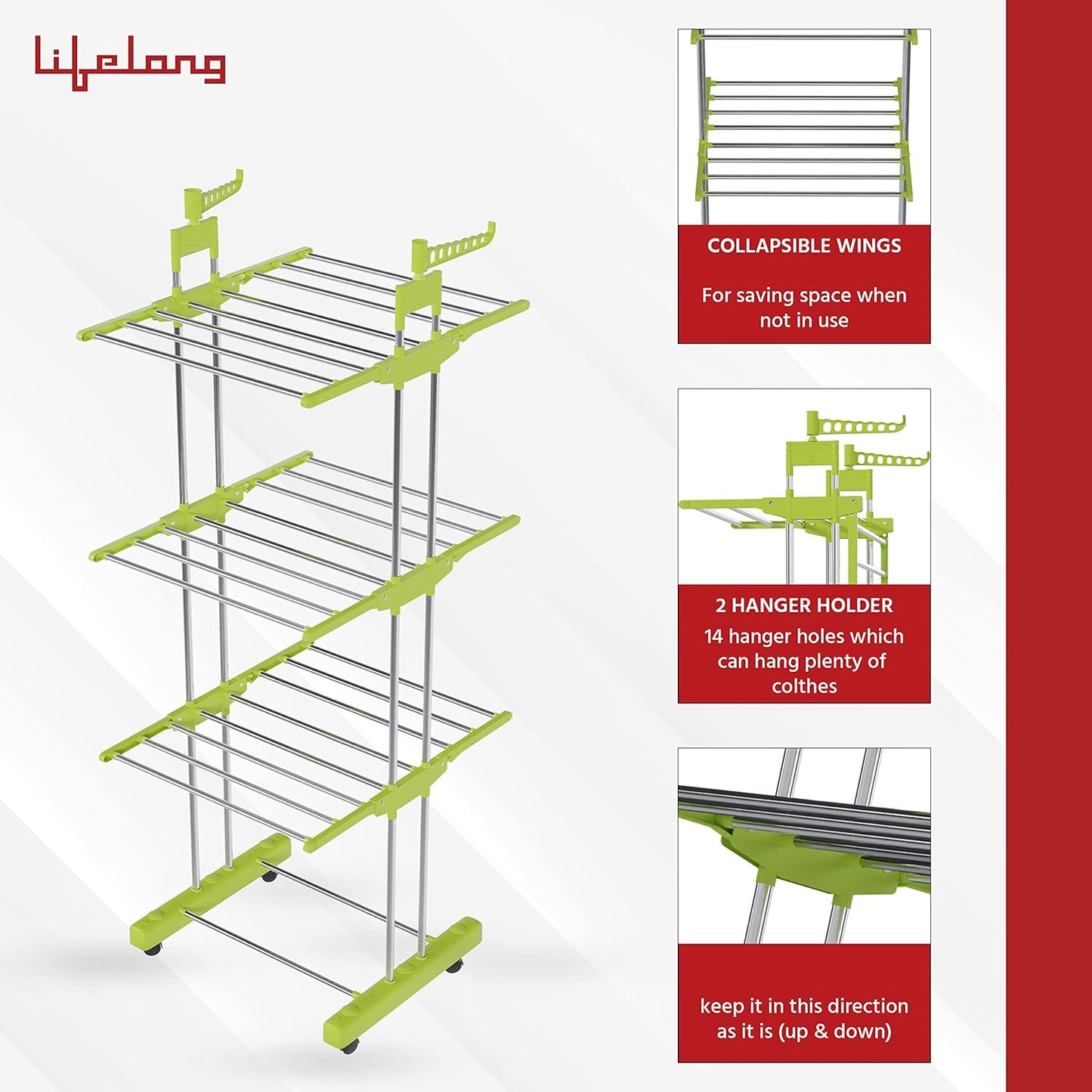 Lifelong 3 Layer Stainless Steel Foldable Cloth Drying Stand with Wheels & 12 Clips | Heavy Duty Laundry Dryer Rack