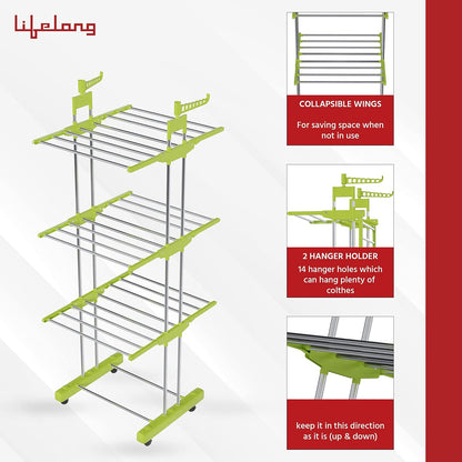 Lifelong 3 Layer Stainless Steel Foldable Cloth Drying Stand with Wheels & 12 Clips | Heavy Duty Laundry Dryer Rack