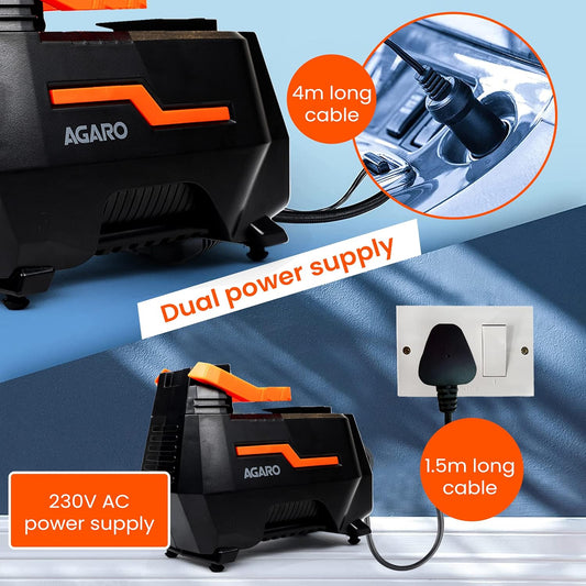 AGARO Digital Portable Tyre Inflator & Air Compressor TI2157 | 150 PSI | Dual Power (12V DC + 230V AC) | Digital Pressure Gauge & LED Light | Car, Bike, Bicycle & Inflatables