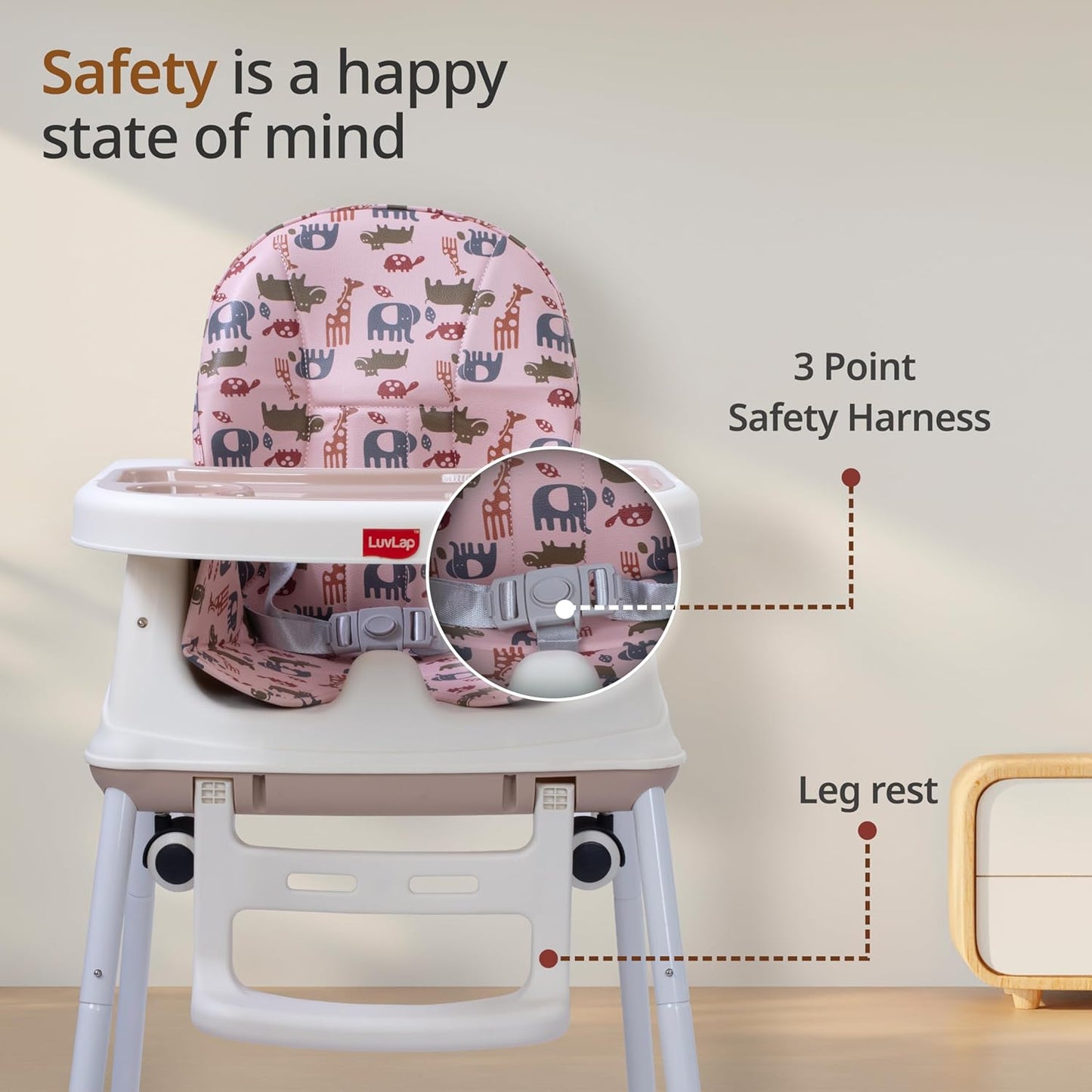 LuvLap Baby High Chair with Wheels (6 Months–3 Years) | 3 Height Adjustable Booster Feeding Seat with Cushion | Portable Design | FREE AirPods Worth ₹499 🎁