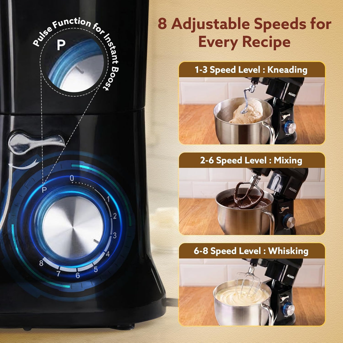 AGARO Royal Stand Mixer 1000W with 5L Stainless Steel Bowl, 8-Speed + Pulse Function, Copper Motor & Dough Hook, Beater, Whisker and Splash Guard