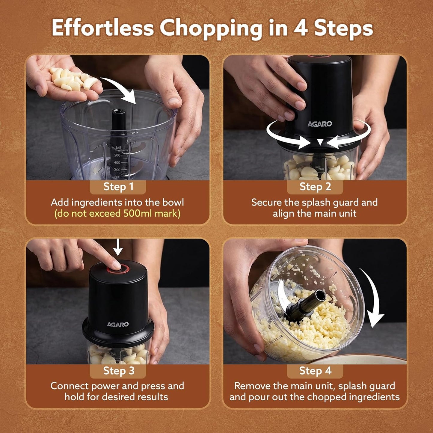 AGARO Electric Chopper 400W | 500ml Vegetable Cutter & Mini Chopper with Twin Stainless Steel Blades | FREE AGARO Royal Coffee Frother Worth ₹600 – Limited Time Offer!