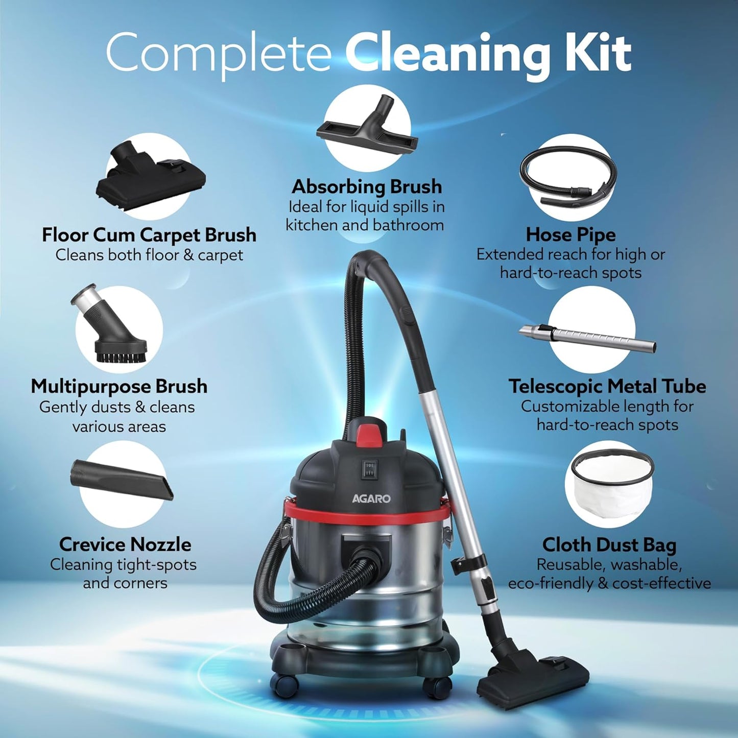 AGARO Ace 1600W Wet & Dry Vacuum Cleaner | 21.5 kPa Suction | 21L Tank | Blower Function | Heavy Duty Home Cleaning Machine