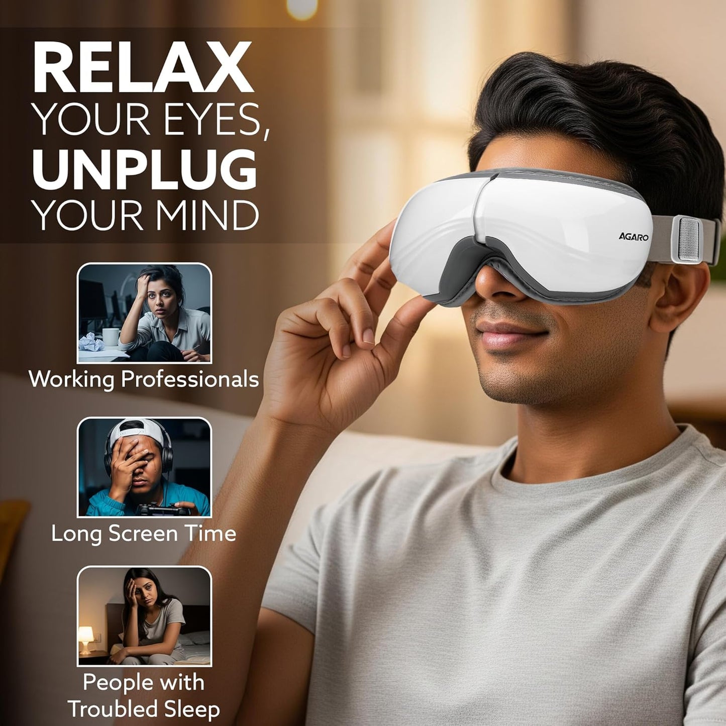 AGARO Supreme Eye Massager | Heat Therapy, Air Compression, Bluetooth Music | 5 Modes | Foldable Eye Relaxation Device
