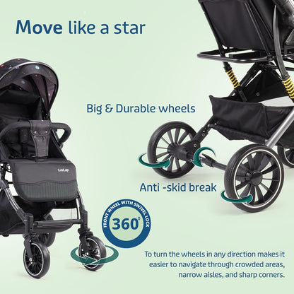 LuvLap Alpha Baby Stroller (0–3 Years) | One-Fold Travel Friendly Pram with Reversible Handle & Recline + FREE AirPods (Worth ₹499) 🎁
