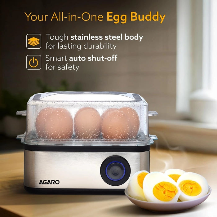 AGARO Grand Egg Boiler And Poacher, 2-in1 Boils 8 Eggs, Poach 4 Eggs, Steamed Vegetables, 3 Boiling Types, Stainless Steel Body, Transparent Lid, 500W, Silver