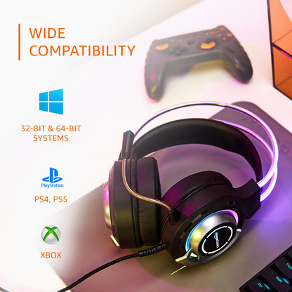 Amazon Basics RGB Wired Gaming Headphones with Mic | 2m Cable, 3.5mm Jack, Immersive Sound
