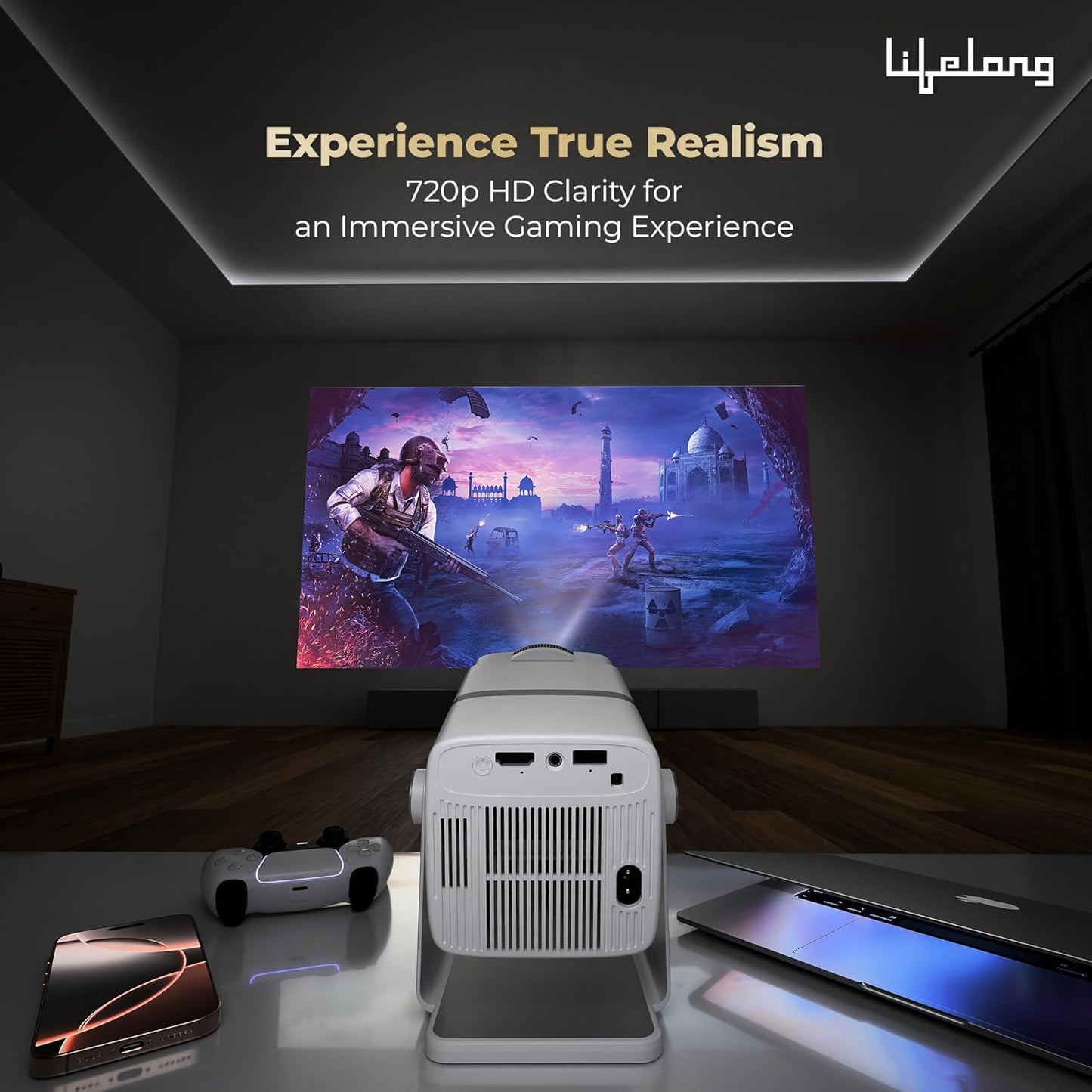 Lifelong Electronics Lightbeam X Smart Projector – Android Powered 1080P Full HD & 4K Ultra HD Support | 3500 Lumens, WiFi, Bluetooth, OTT Apps, 180° Rotation, Built-in Speakers & HDMI | Home Theater for Room & Outdoor + FREE AirPods Worth ₹799 🎧🔥