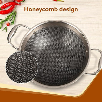 AGARO Royal Honeycomb Kadai 2.25L (24 cm) | Tri-Ply Stainless Steel | Gas & Induction Compatible | PFOA-Free | Riveted Handle | Silver Finish