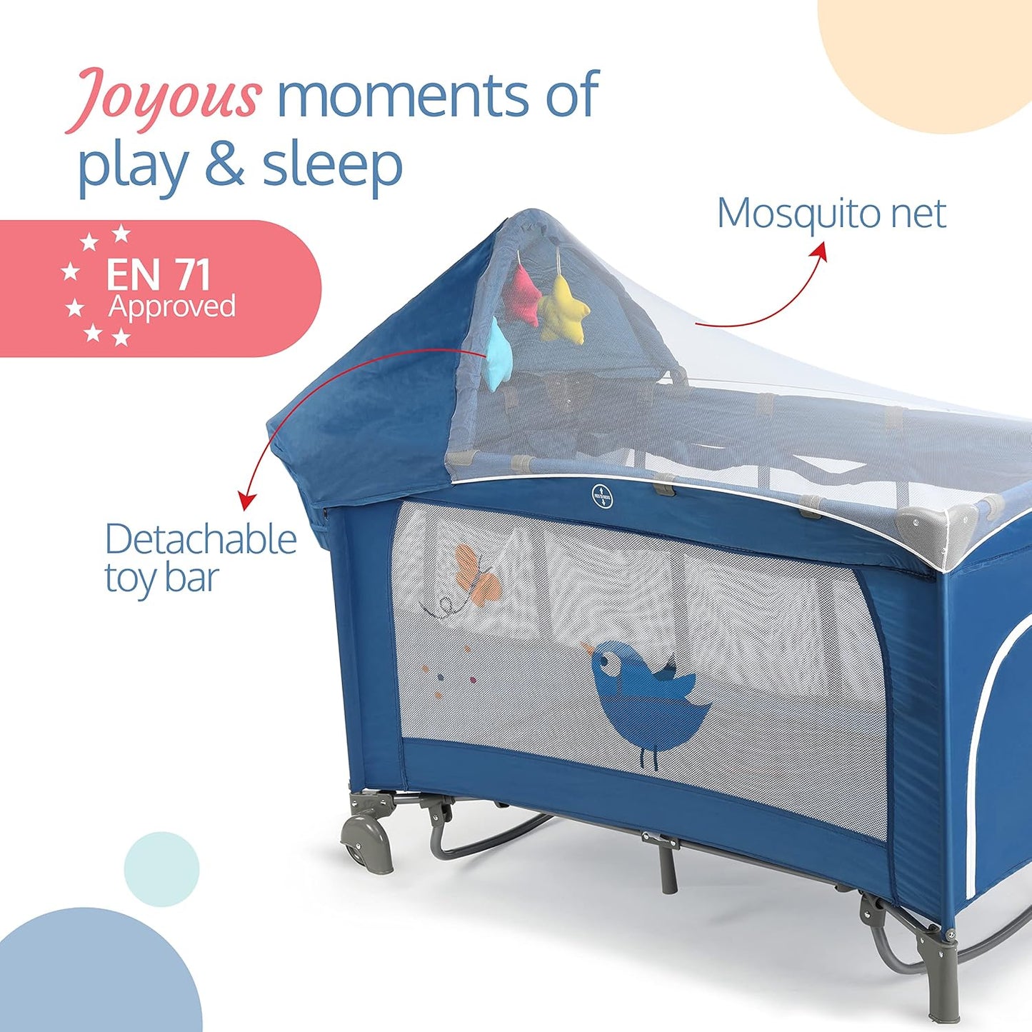LuvLap WonderJoy Baby Playpen Playard (Blue) with FREE LuvLap Steel Straw Sipper | Folding Baby Bed, Portable Baby Cot & Convertible Crib | Free Delivery India