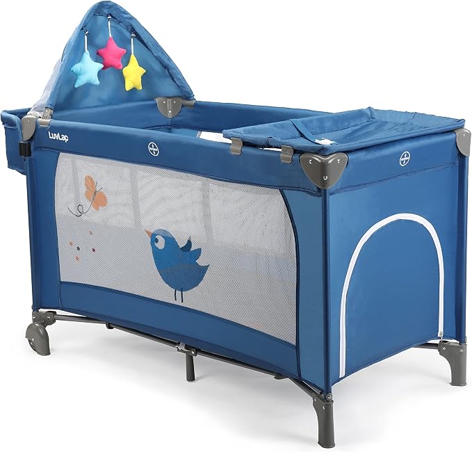 LuvLap WonderJoy Baby Playpen Playard (Blue) with FREE LuvLap Steel Straw Sipper | Folding Baby Bed, Portable Baby Cot & Convertible Crib | Free Delivery India