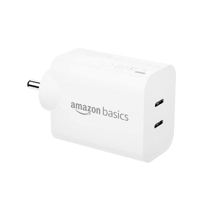 Amazon Basics 40W PD Dual USB-C Fast Charger – 20W + 20W Power Adapter for iPhone & Smartphones (White)