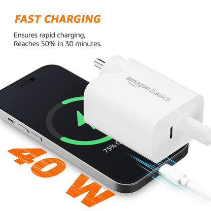 Amazon Basics 40W PD Dual USB-C Fast Charger – 20W + 20W Power Adapter for iPhone & Smartphones (White)