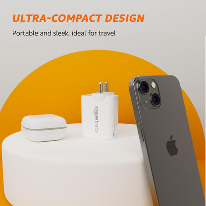 Amazon Basics 40W PD Dual USB-C Fast Charger – 20W + 20W Power Adapter for iPhone & Smartphones (White)