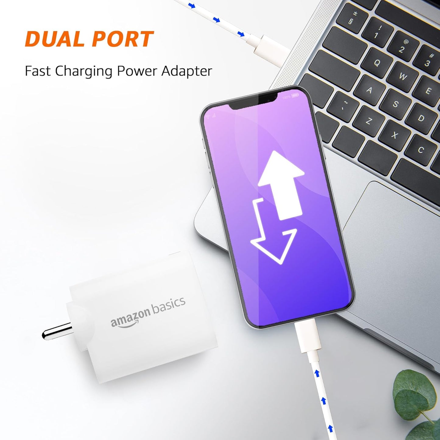 Amazon Basics 40W PD Dual USB-C Fast Charger – 20W + 20W Power Adapter for iPhone & Smartphones (White)