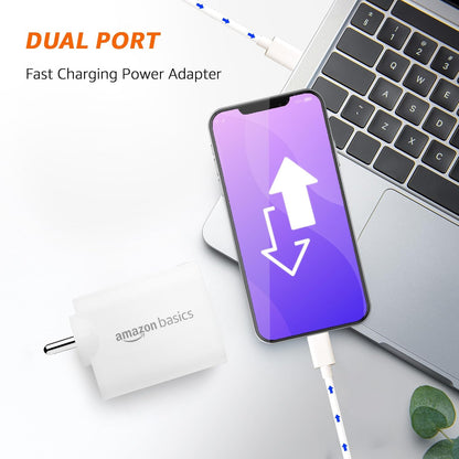 Amazon Basics 40W PD Dual USB-C Fast Charger – 20W + 20W Power Adapter for iPhone & Smartphones (White)