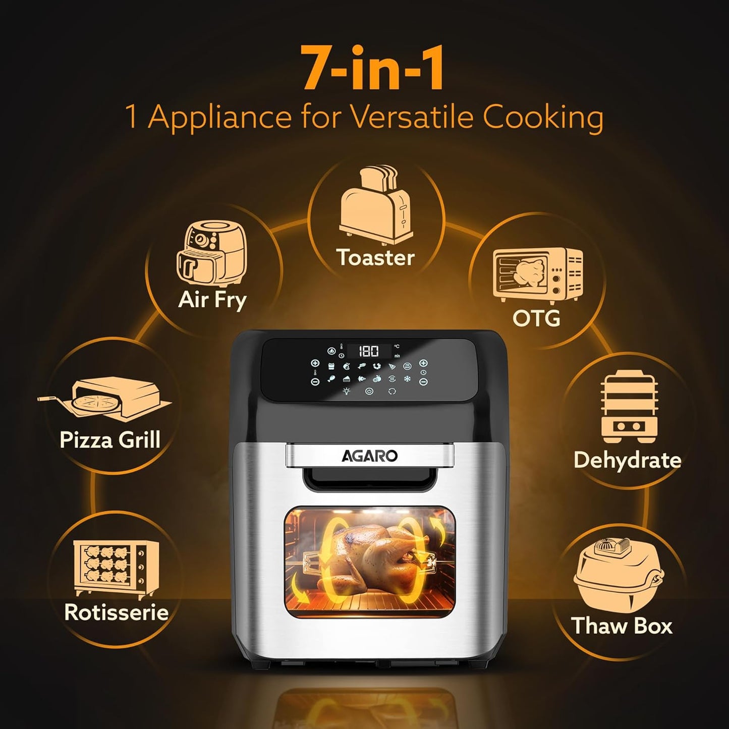 AGARO Regency 12L Digital Air Fryer Oven | 1800W Family Rotisserie | Bake, Roast, Toast & Defrost | FREE Wall Fan Worth ₹999