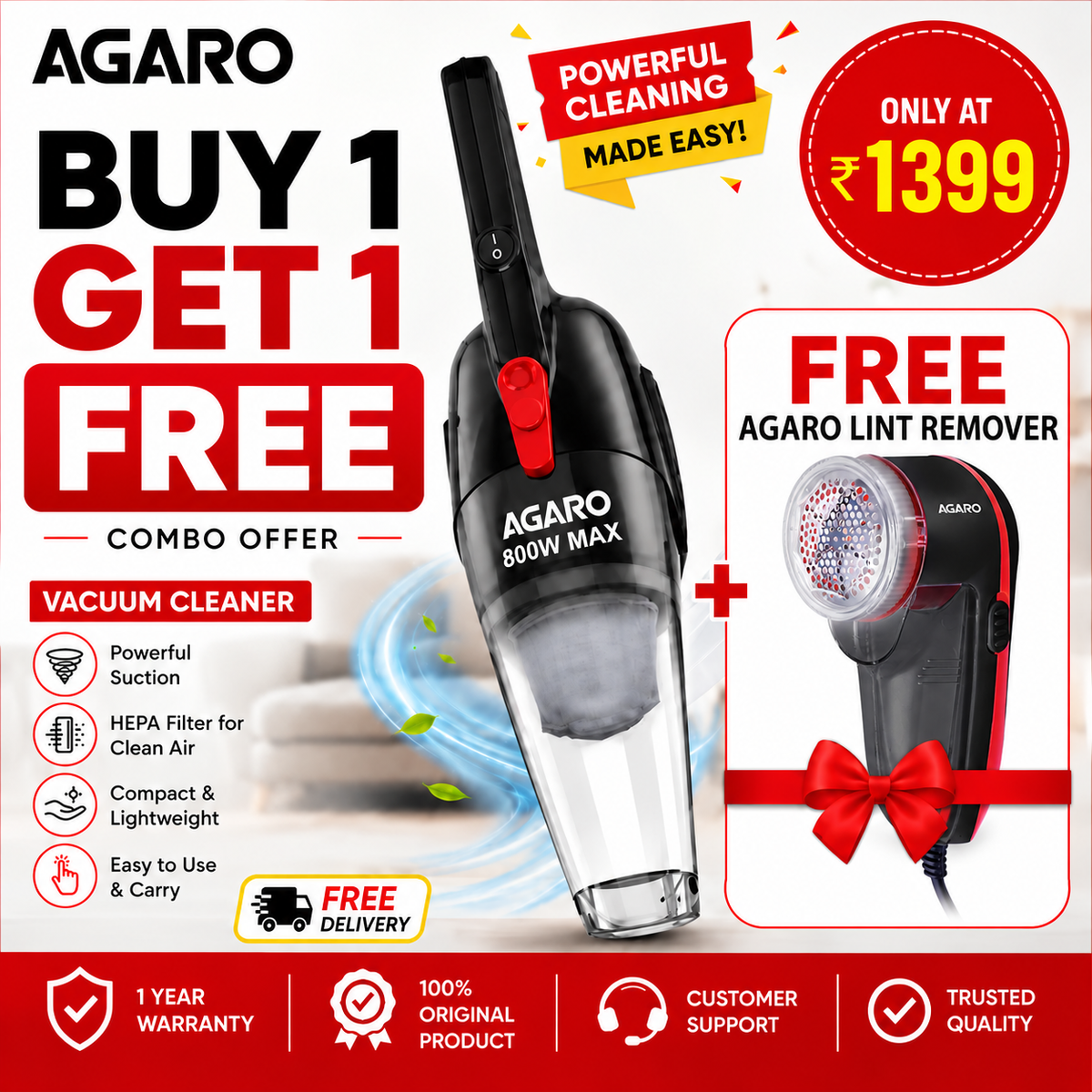 A AGARO Handheld Regal 800W Vacuum Cleaner for Home & Car | 6.5kPa Powerful Suction + FREE Electric Lint Remover Worth ₹699