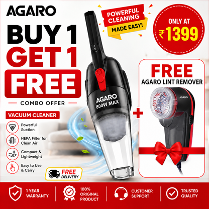 A AGARO Handheld Regal 800W Vacuum Cleaner for Home & Car | 6.5kPa Powerful Suction + FREE Electric Lint Remover Worth ₹699