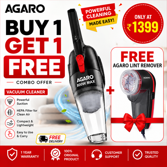 A AGARO Handheld Regal 800W Vacuum Cleaner for Home & Car | 6.5kPa Powerful Suction + FREE Electric Lint Remover Worth ₹699
