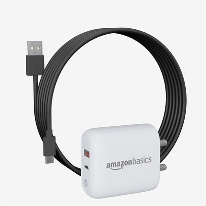Amazon Basics 38W Dual Port Fast Charger with Type-A to Type-C Cable – 20W + 18W USB Charger Adapter (White)