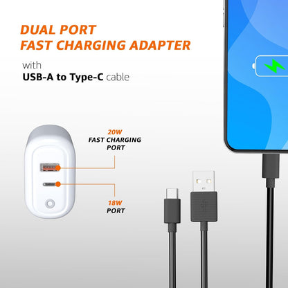 Amazon Basics 38W Dual Port Fast Charger with Type-A to Type-C Cable – 20W + 18W USB Charger Adapter (White)