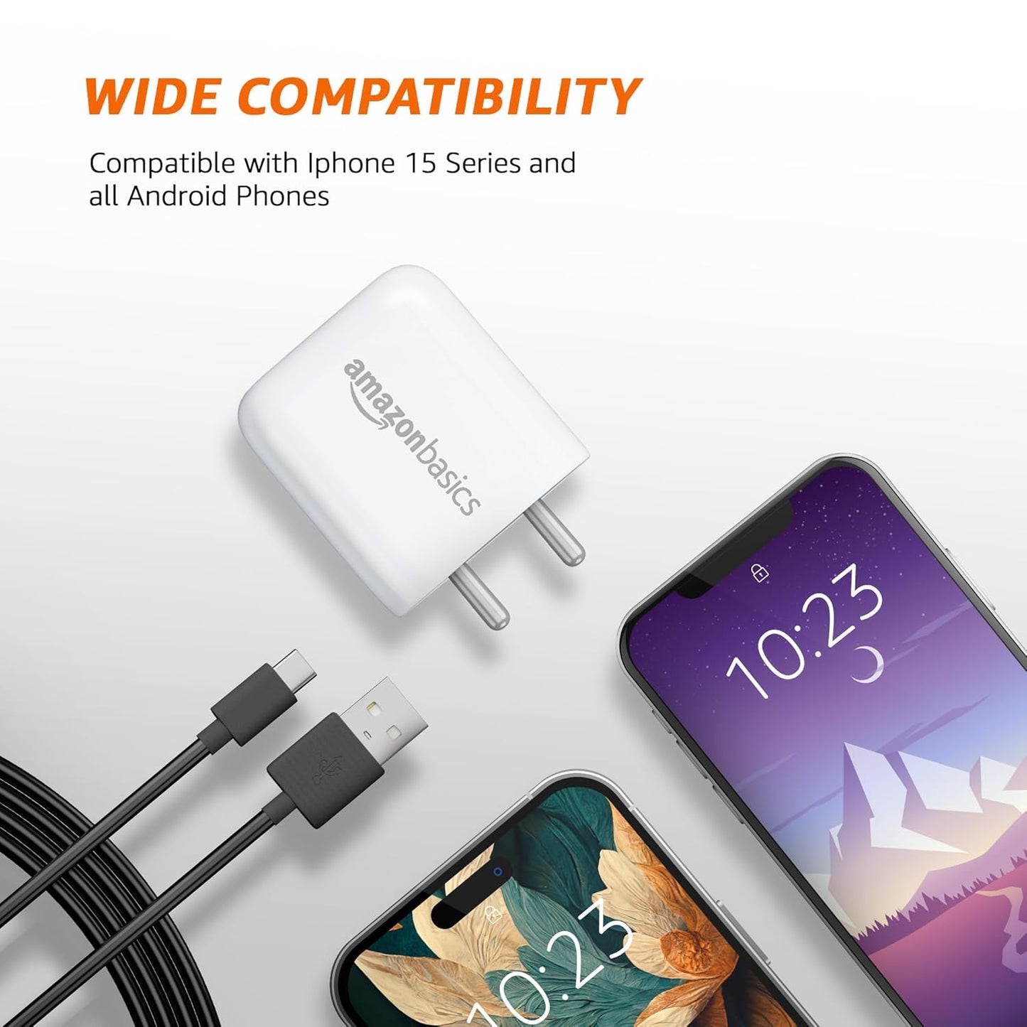 Amazon Basics 38W Dual Port Fast Charger with Type-A to Type-C Cable – 20W + 18W USB Charger Adapter (White)