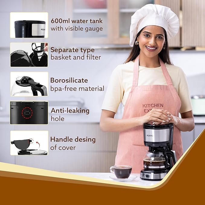 AGARO Royal 4-Cup Drip Coffee Maker 750W | 600ml Borosilicate Glass Carafe | Auto Shut-Off | Black & Silver