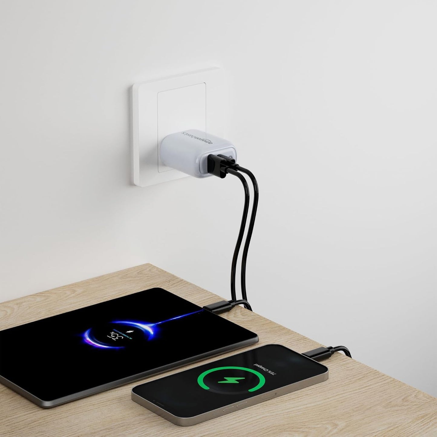 Amazon Basics 38W Dual Port Fast Charger with Type-A to Type-C Cable – 20W + 18W USB Charger Adapter (White)