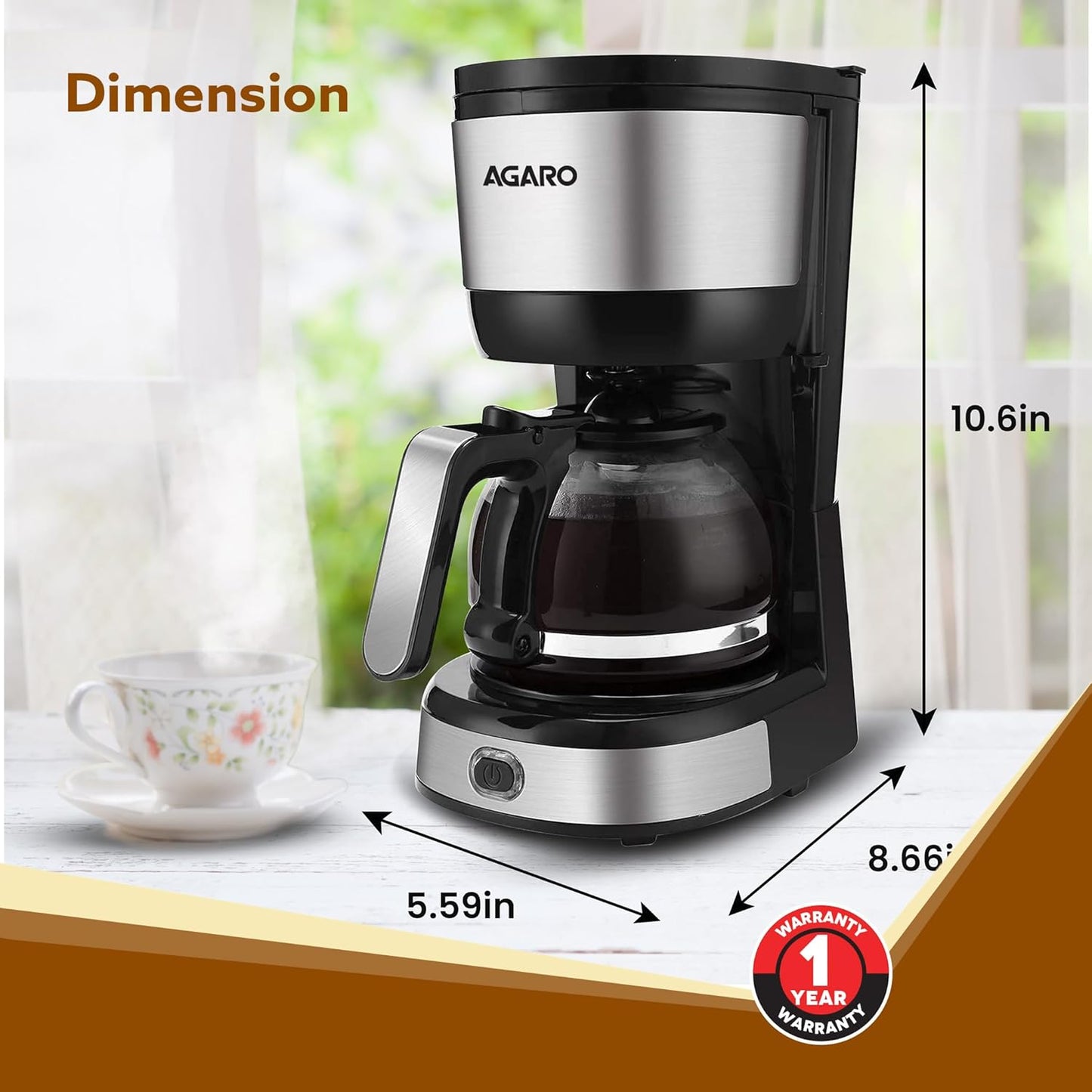 AGARO Royal 4-Cup Drip Coffee Maker 750W | 600ml Borosilicate Glass Carafe | Auto Shut-Off | Black & Silver