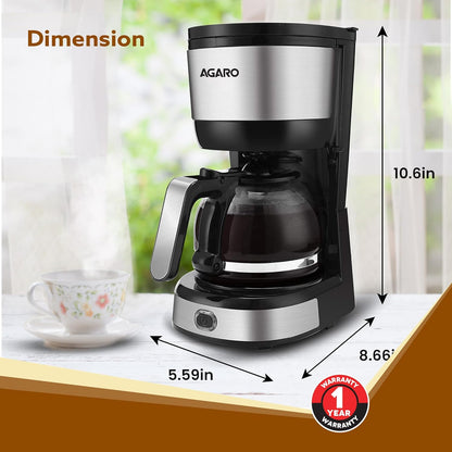 AGARO Royal 4-Cup Drip Coffee Maker 750W | 600ml Borosilicate Glass Carafe | Auto Shut-Off | Black & Silver