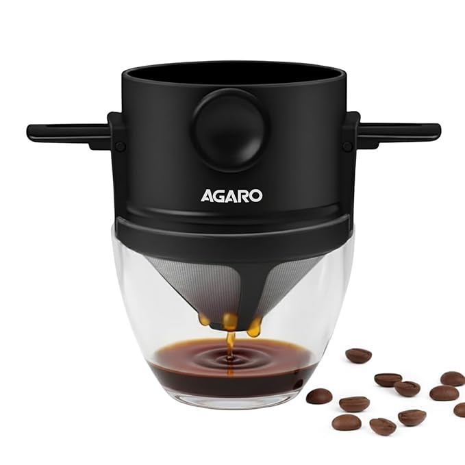 AGARO Pour Over Coffee Maker with Double Mesh Filter | 304 Stainless Steel Coffee Dripper | Paperless Reusable Filter | Foldable & Portable Manual Coffee Brewer