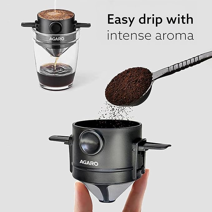 AGARO Pour Over Coffee Maker with Double Mesh Filter | 304 Stainless Steel Coffee Dripper | Paperless Reusable Filter | Foldable & Portable Manual Coffee Brewer