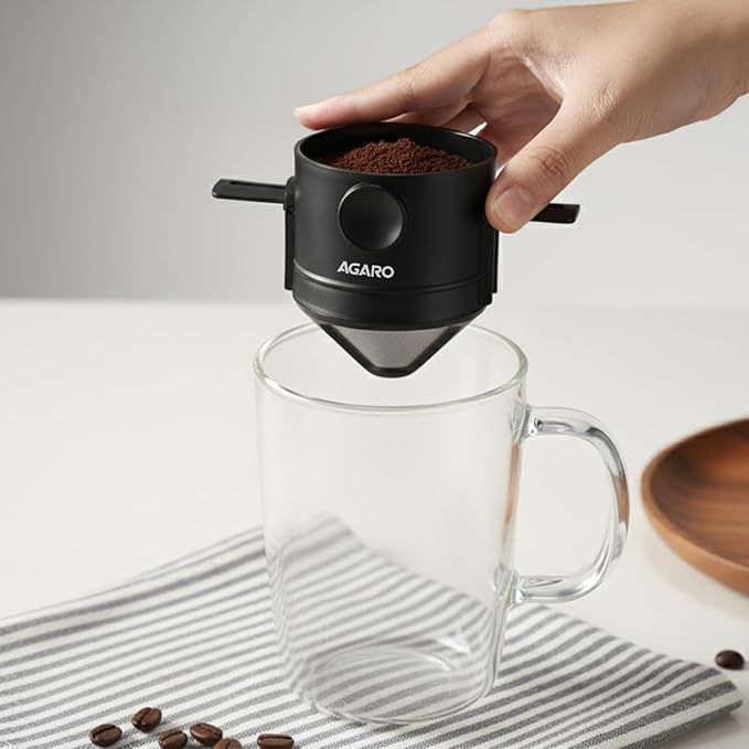 AGARO Pour Over Coffee Maker with Double Mesh Filter | 304 Stainless Steel Coffee Dripper | Paperless Reusable Filter | Foldable & Portable Manual Coffee Brewer