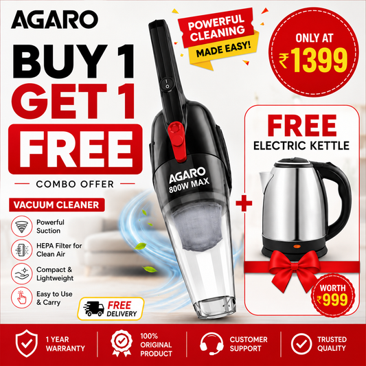 A AGARO Handheld Regal 800W Vacuum Cleaner for Home & Car | 6.5kPa Powerful Suction + FREE Electric Kettle Worth ₹999