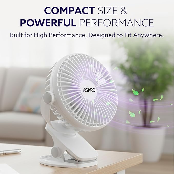 AGARO Regal Portable Rechargeable Clamp Fan | 1800mAh Battery, USB-C Charging, 3-Speed Mini Table Fan with Multi-Clip Design for Home, Office, Car & Kitchen