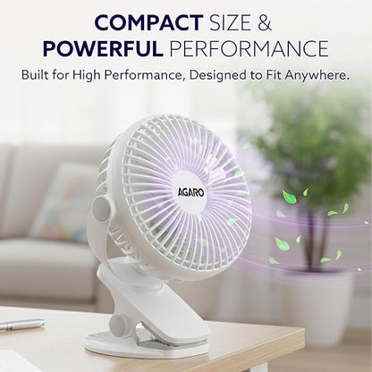 AGARO Regal Portable Rechargeable Clamp Fan | 1800mAh Battery, USB-C Charging, 3-Speed Mini Table Fan with Multi-Clip Design for Home, Office, Car & Kitchen