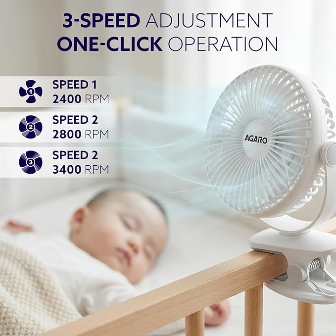 AGARO Regal Portable Rechargeable Clamp Fan | 1800mAh Battery, USB-C Charging, 3-Speed Mini Table Fan with Multi-Clip Design for Home, Office, Car & Kitchen