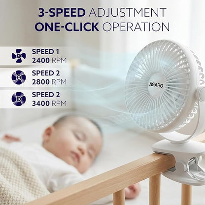 AGARO Regal Portable Rechargeable Clamp Fan | 1800mAh Battery, USB-C Charging, 3-Speed Mini Table Fan with Multi-Clip Design for Home, Office, Car & Kitchen