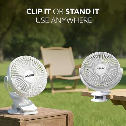 AGARO Regal Portable Rechargeable Clamp Fan | 1800mAh Battery, USB-C Charging, 3-Speed Mini Table Fan with Multi-Clip Design for Home, Office, Car & Kitchen