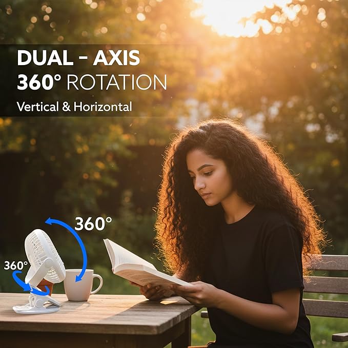 AGARO Regal Portable Rechargeable Clamp Fan | 1800mAh Battery, USB-C Charging, 3-Speed Mini Table Fan with Multi-Clip Design for Home, Office, Car & Kitchen