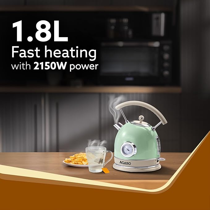 AGARO Regency Vintage Electric Kettle 1.8L with Temperature Gauge | Retro Design | Visible Water Level | LED Light | Auto Shut-Off & Boil-Dry Protection | Green