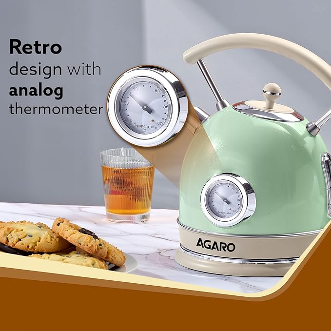 AGARO Regency Vintage Electric Kettle 1.8L with Temperature Gauge | Retro Design | Visible Water Level | LED Light | Auto Shut-Off & Boil-Dry Protection | Green