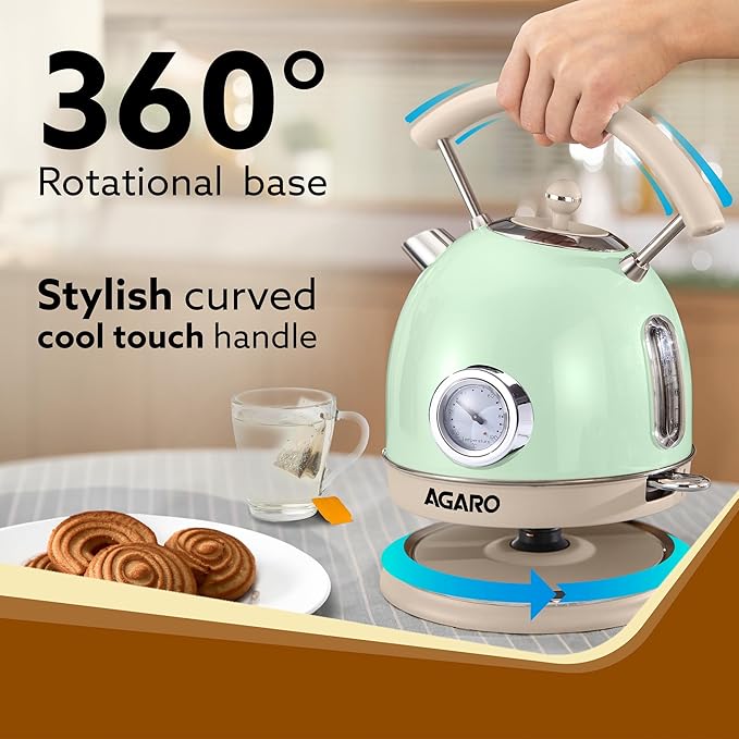 AGARO Regency Vintage Electric Kettle 1.8L with Temperature Gauge | Retro Design | Visible Water Level | LED Light | Auto Shut-Off & Boil-Dry Protection | Green