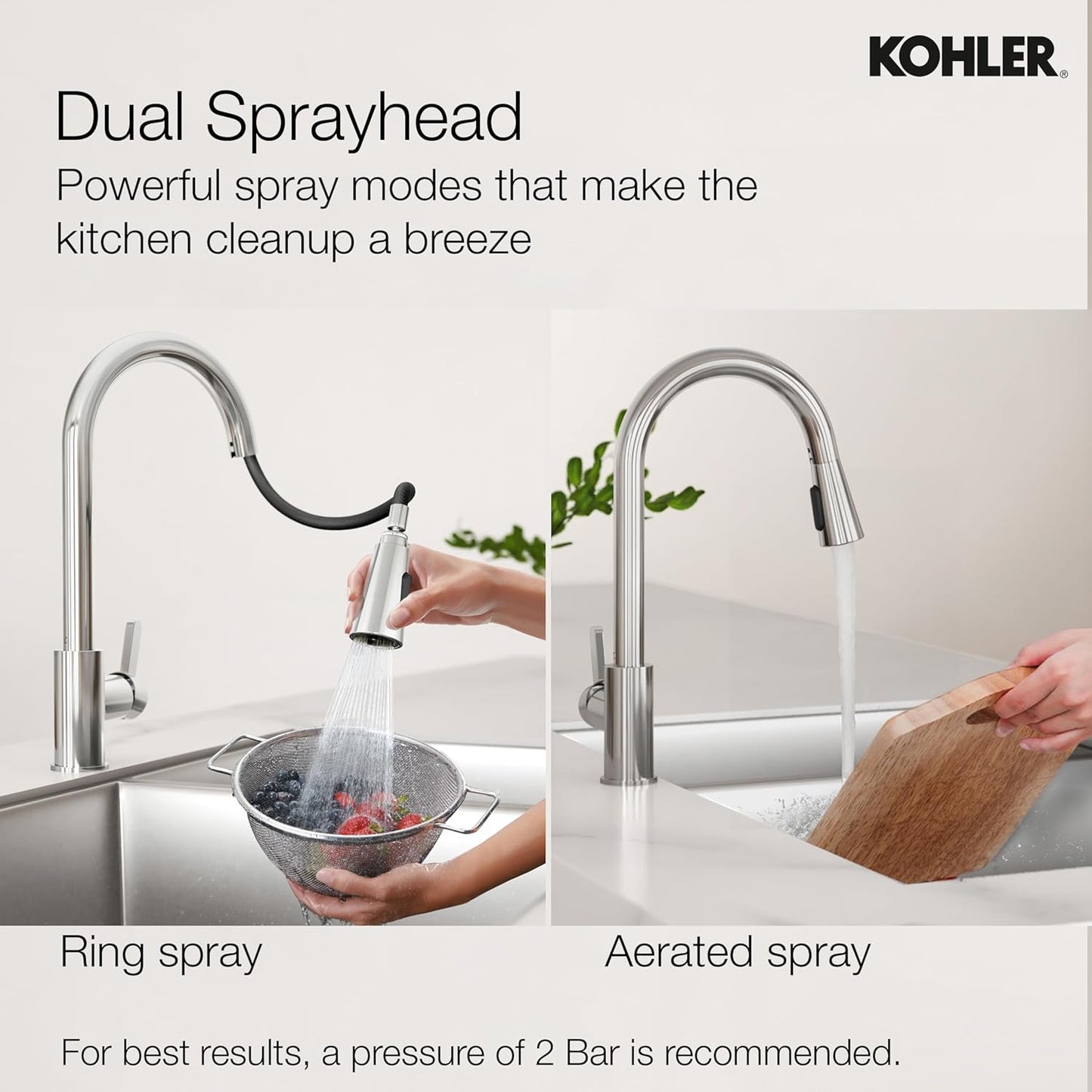 Atom Pull Down Kitchen Sink Faucet – 360°  KOHLER Swivel Kitchen Mixer Tap with Dual Spray Modes, Pull Down Spout & Premium Chrome Finish