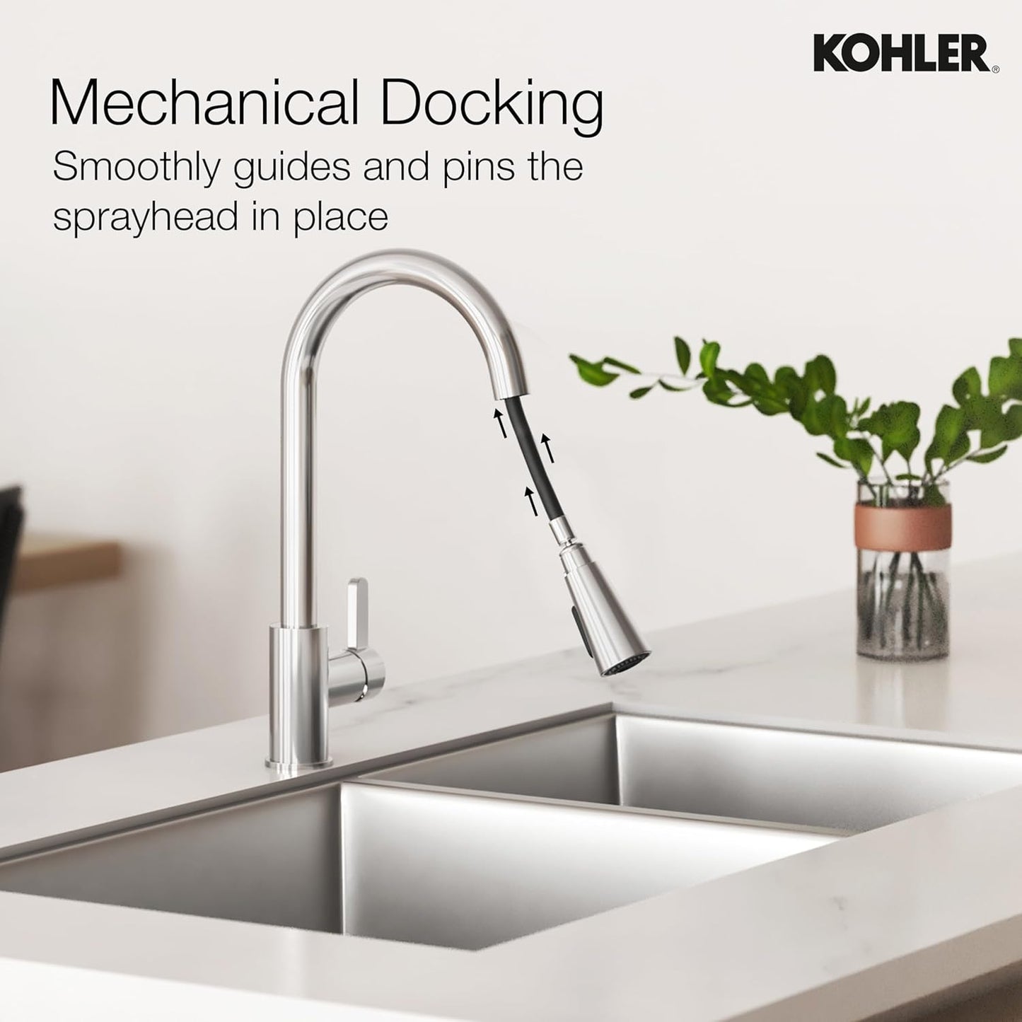 Atom Pull Down Kitchen Sink Faucet – 360°  KOHLER Swivel Kitchen Mixer Tap with Dual Spray Modes, Pull Down Spout & Premium Chrome Finish