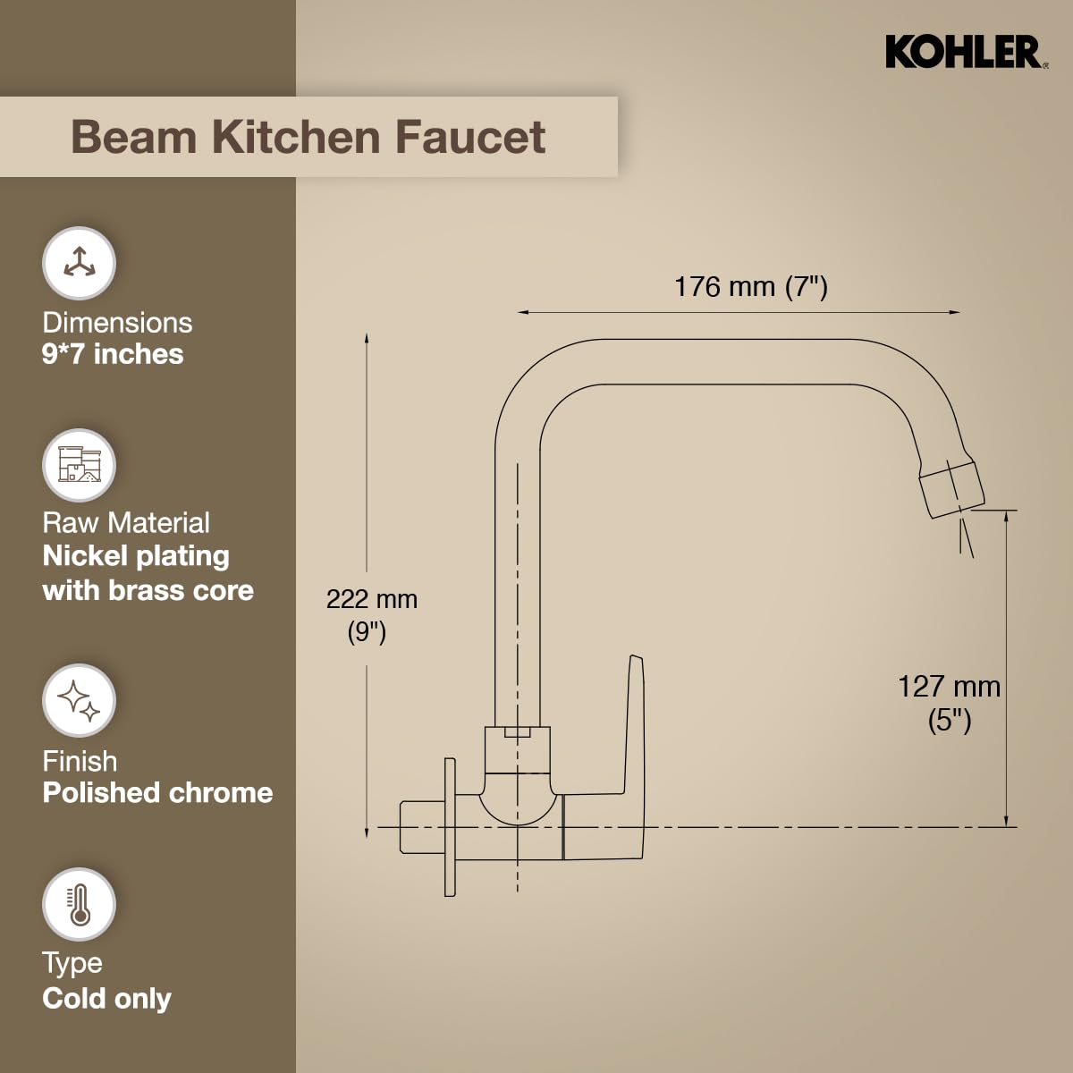 🚿 BUY 1 GET 1 FREE 🎁 | Kohler Beam Kitchen Faucet – Wall Mounted Kitchen Sink Tap with 360° Swivel Spout, Single Lever Control & Polished Chrome Finish | Buy 1 Get 1 Free Offer